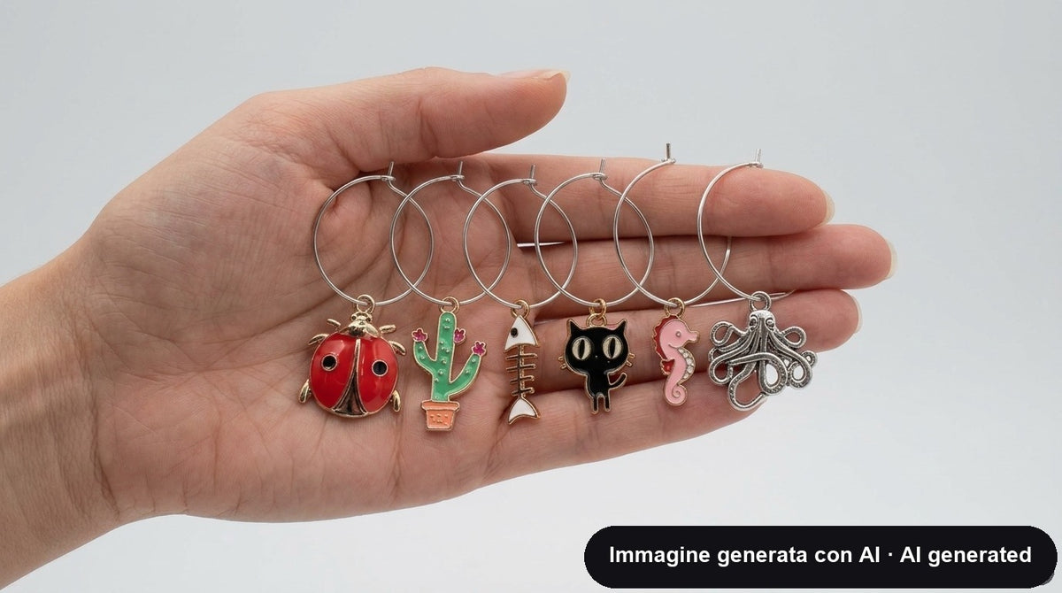 Sei segnabicchieri ad anello con ciondoli smaltati: coccinella, cactus, lisca, gatto, cavalluccio e polpo