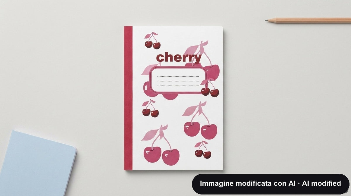 Quaderno A5 bianco con ciliegie rosa disegnate e riquadro per il nome sulla copertina