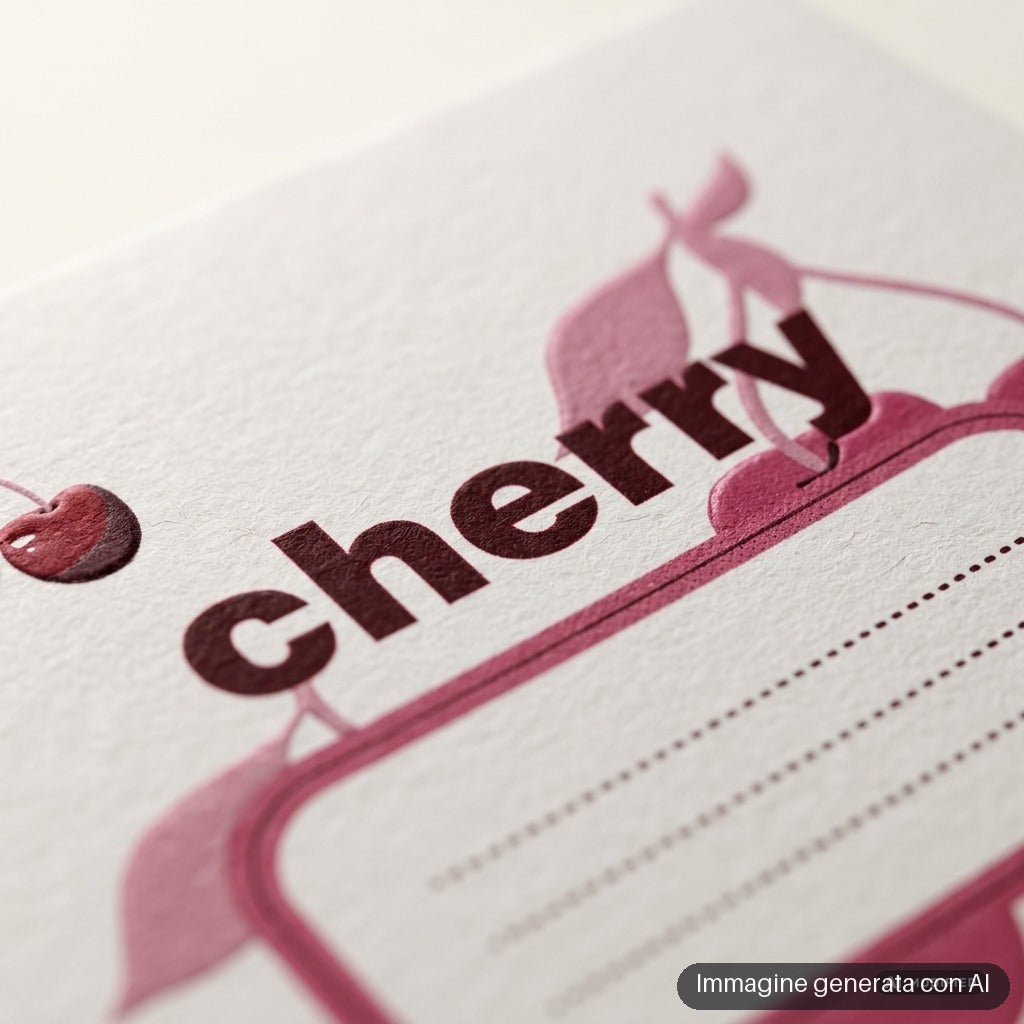 Quaderno A5 bianco con ciliegie rosa disegnate e riquadro per il nome sulla copertina