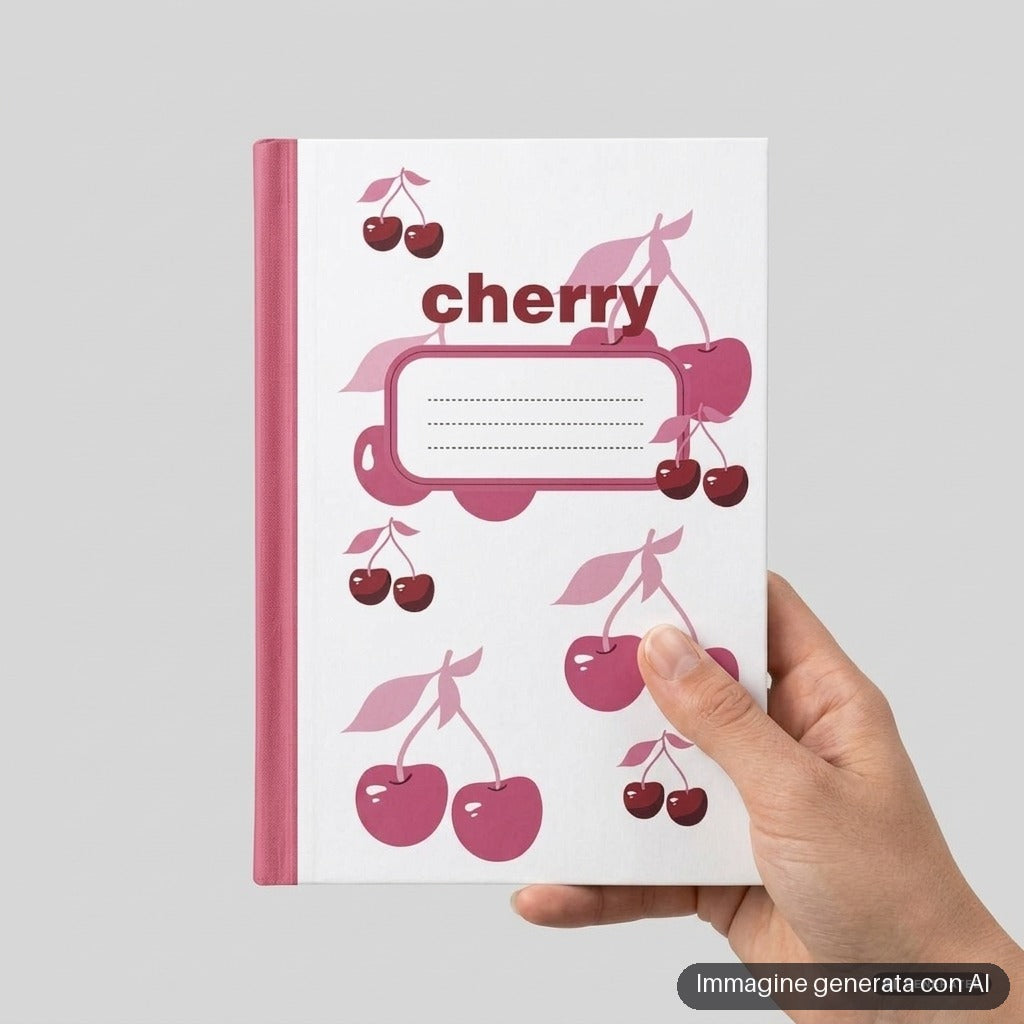 Quaderno A5 bianco con ciliegie rosa disegnate e riquadro per il nome sulla copertina