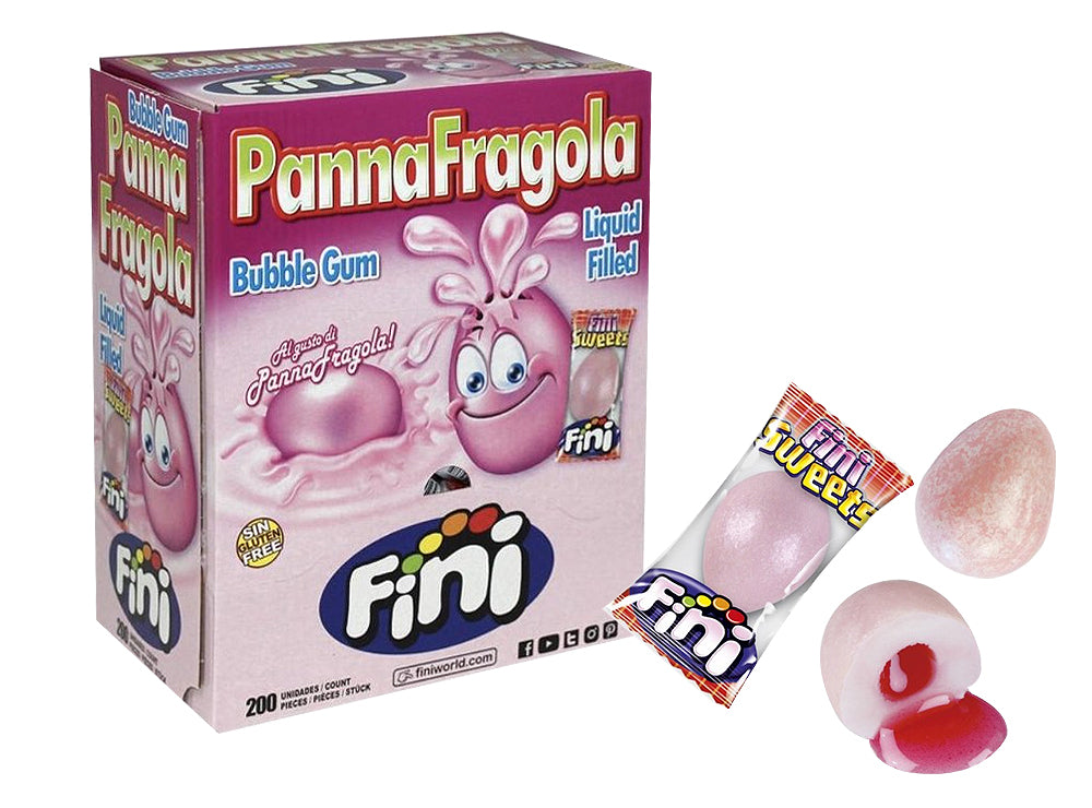 Gomme da masticare rosa con ripieno liquido alla fragola accanto alla confezione