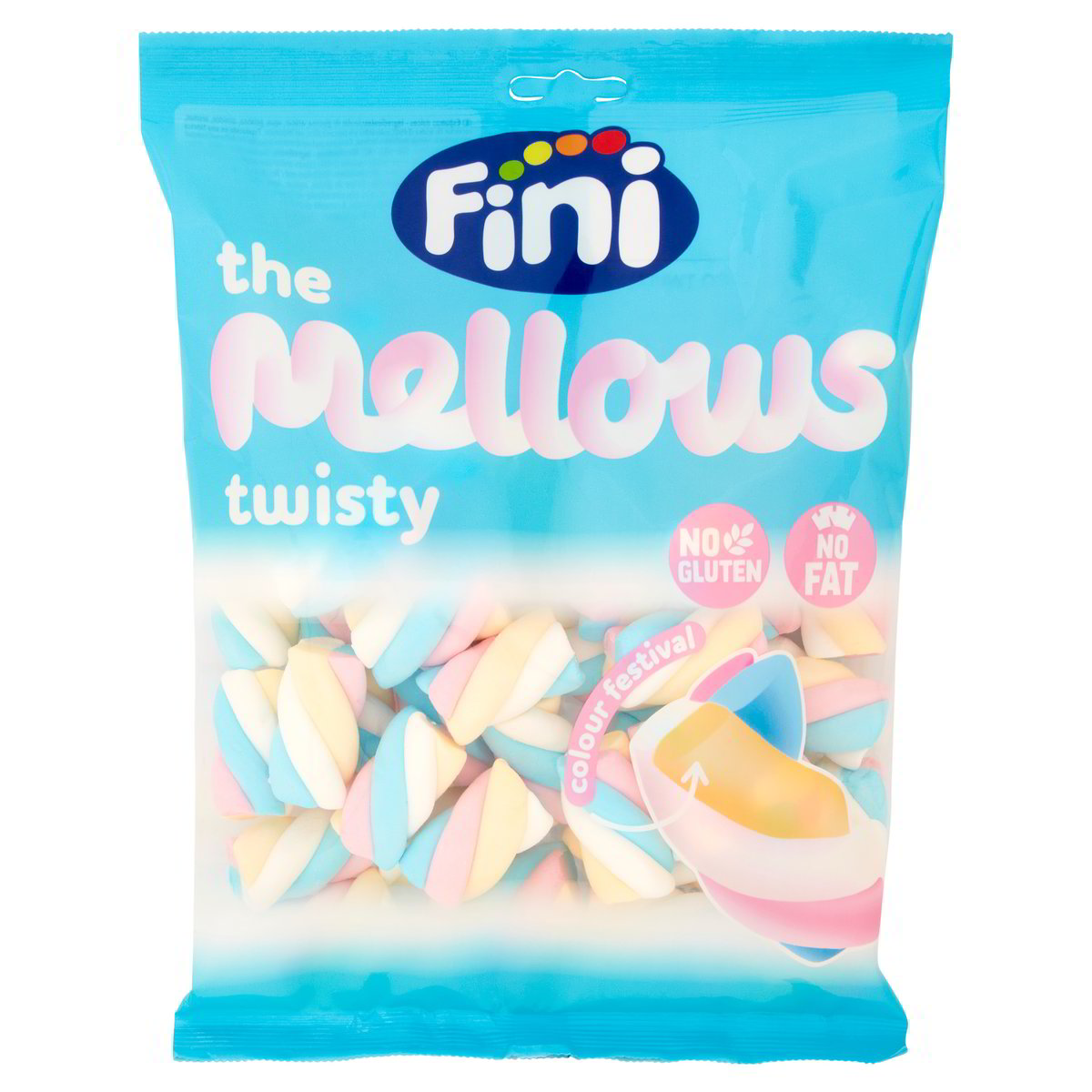 Busta azzurra di marshmallow intrecciati bianchi e in colori pastello