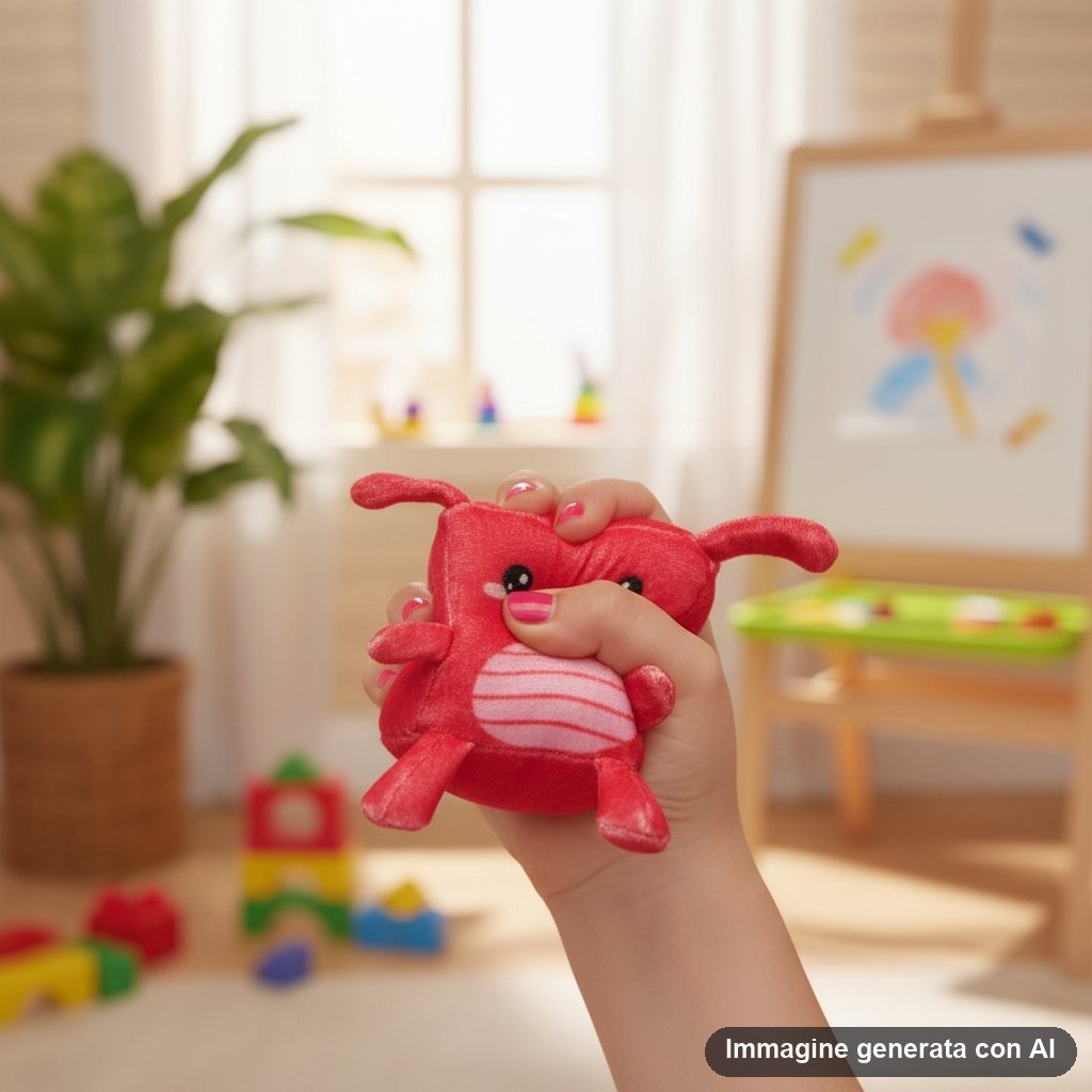 Peluche quadrato morbido color rosa con occhi kawaii e pancia a righe, tenuto in mano in camera dei giochi