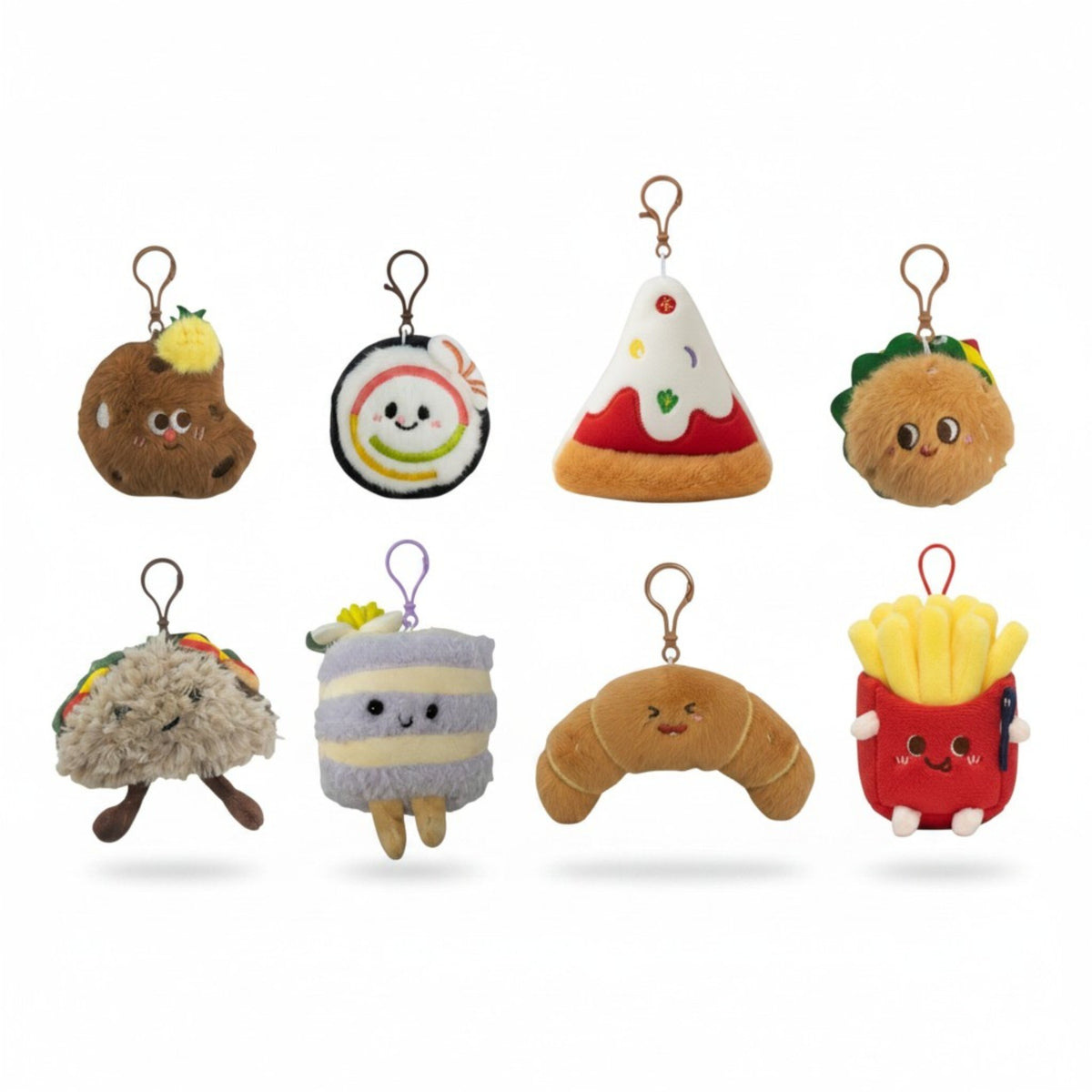 Collezione di portachiavi plush a forma di cibo kawaii: croissant, patatine fritte, pizza e biscotto con facce tenere e mosch