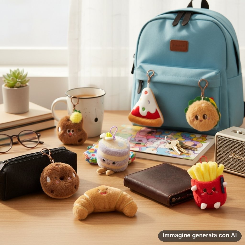 Collezione di portachiavi plush a forma di cibo kawaii: croissant, patatine fritte, pizza e biscotto con facce tenere e mosch