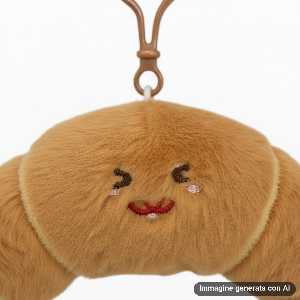 Collezione di portachiavi plush a forma di cibo kawaii: croissant, patatine fritte, pizza e biscotto con facce tenere e mosch