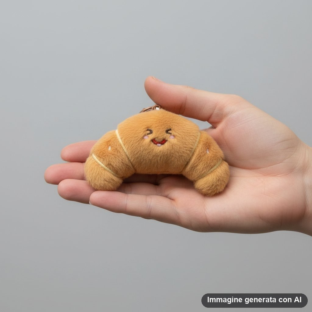 Collezione di portachiavi plush a forma di cibo kawaii: croissant, patatine fritte, pizza e biscotto con facce tenere e mosch