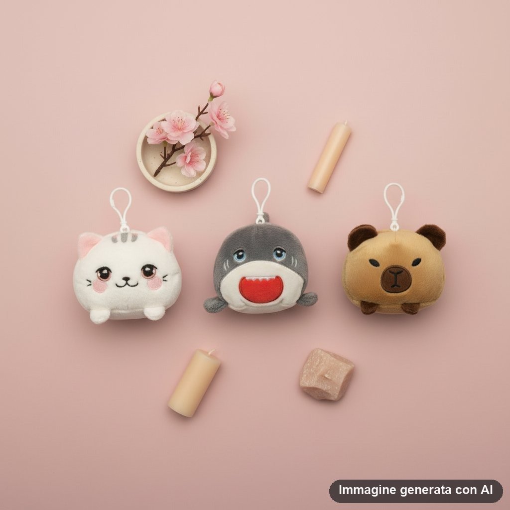 Peluche kawaii per pulire schermo: gatto grigio, elefante e orso su monitor con foglie verdi sullo sfondo