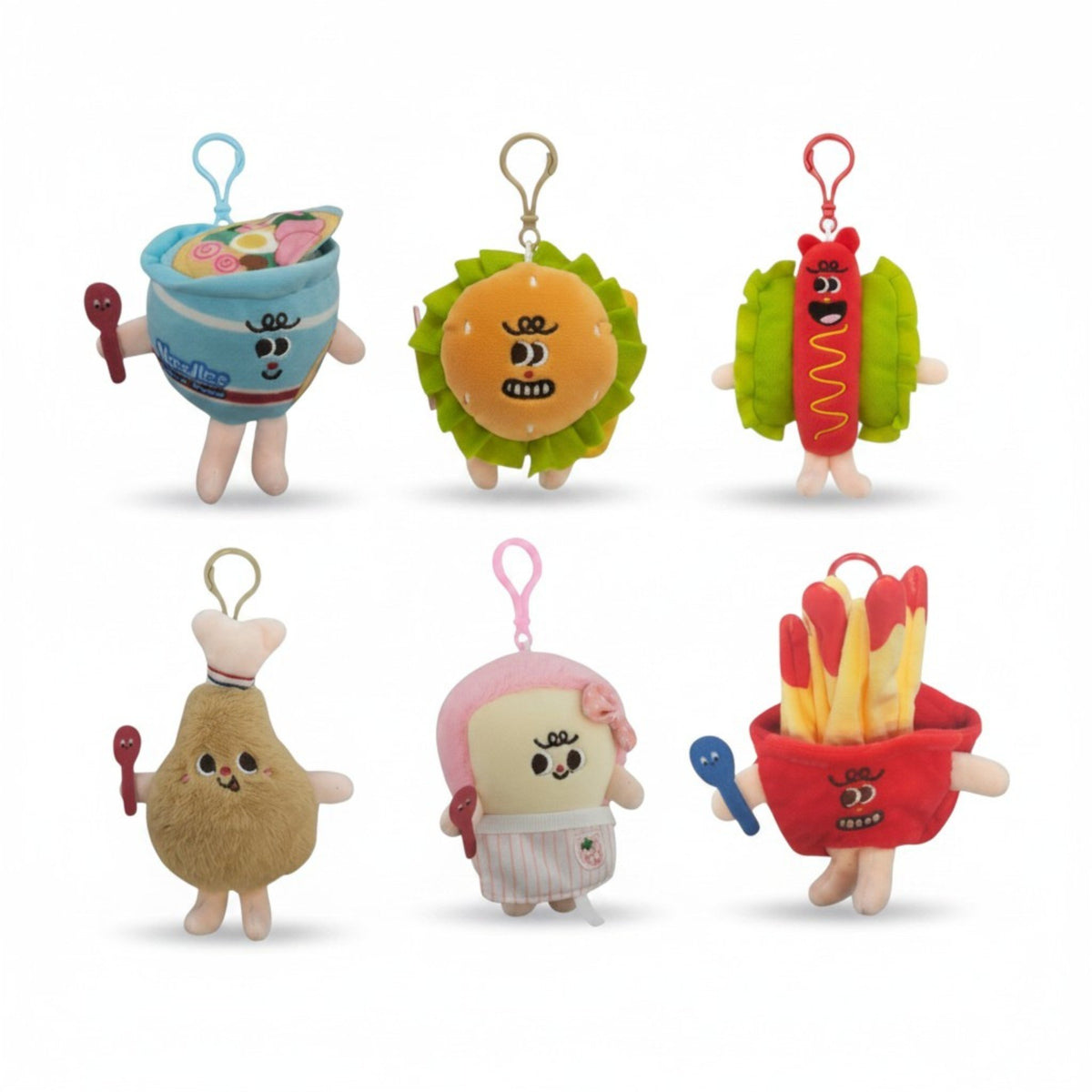 Set di quattro mini peluche kawaii a forma di cibi fast food con facce sorridenti: hamburger, patatine fritte, gelato e panin