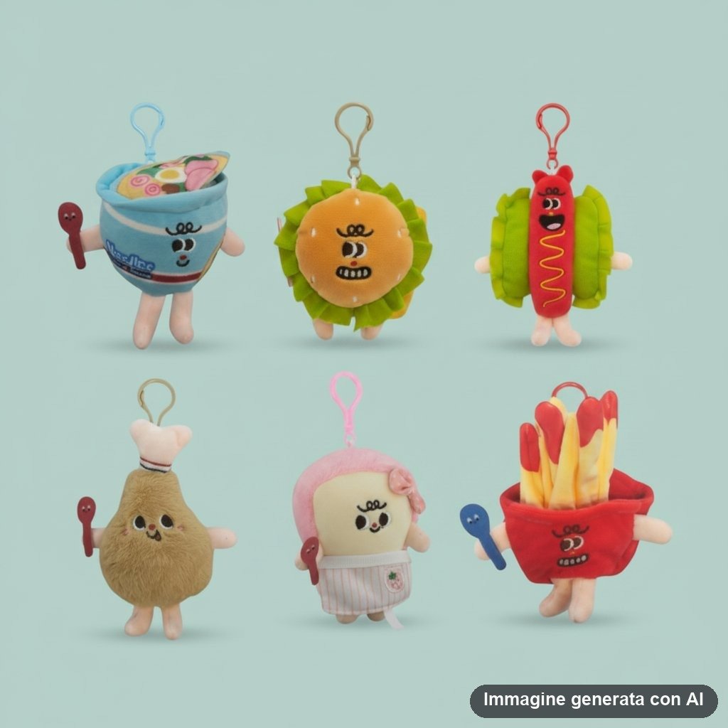 Set di quattro mini peluche kawaii a forma di cibi fast food con facce sorridenti: hamburger, patatine fritte, gelato e panin