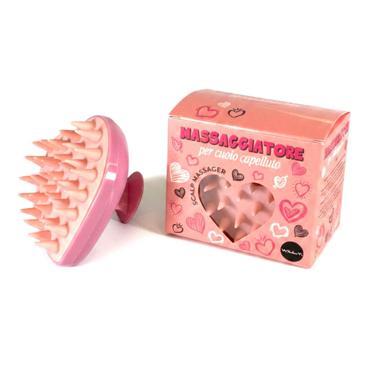 Massaggiatore scalp capelluto a forma di cuore rosa con punte in silicone e confezione con decorazioni cuori
