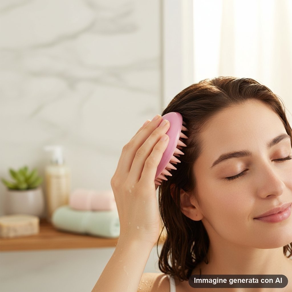 Massaggiatore scalp capelluto a forma di cuore rosa con punte in silicone e confezione con decorazioni cuori