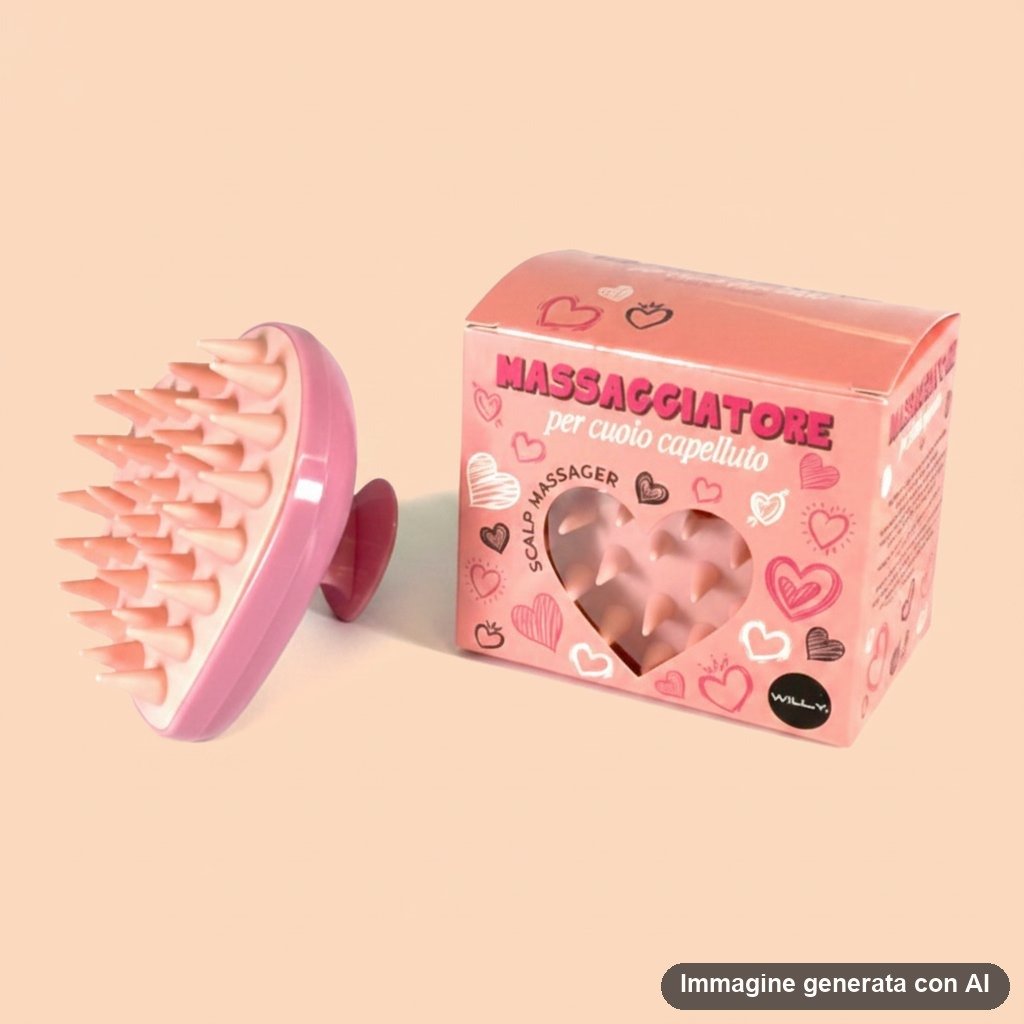 Massaggiatore scalp capelluto a forma di cuore rosa con punte in silicone e confezione con decorazioni cuori
