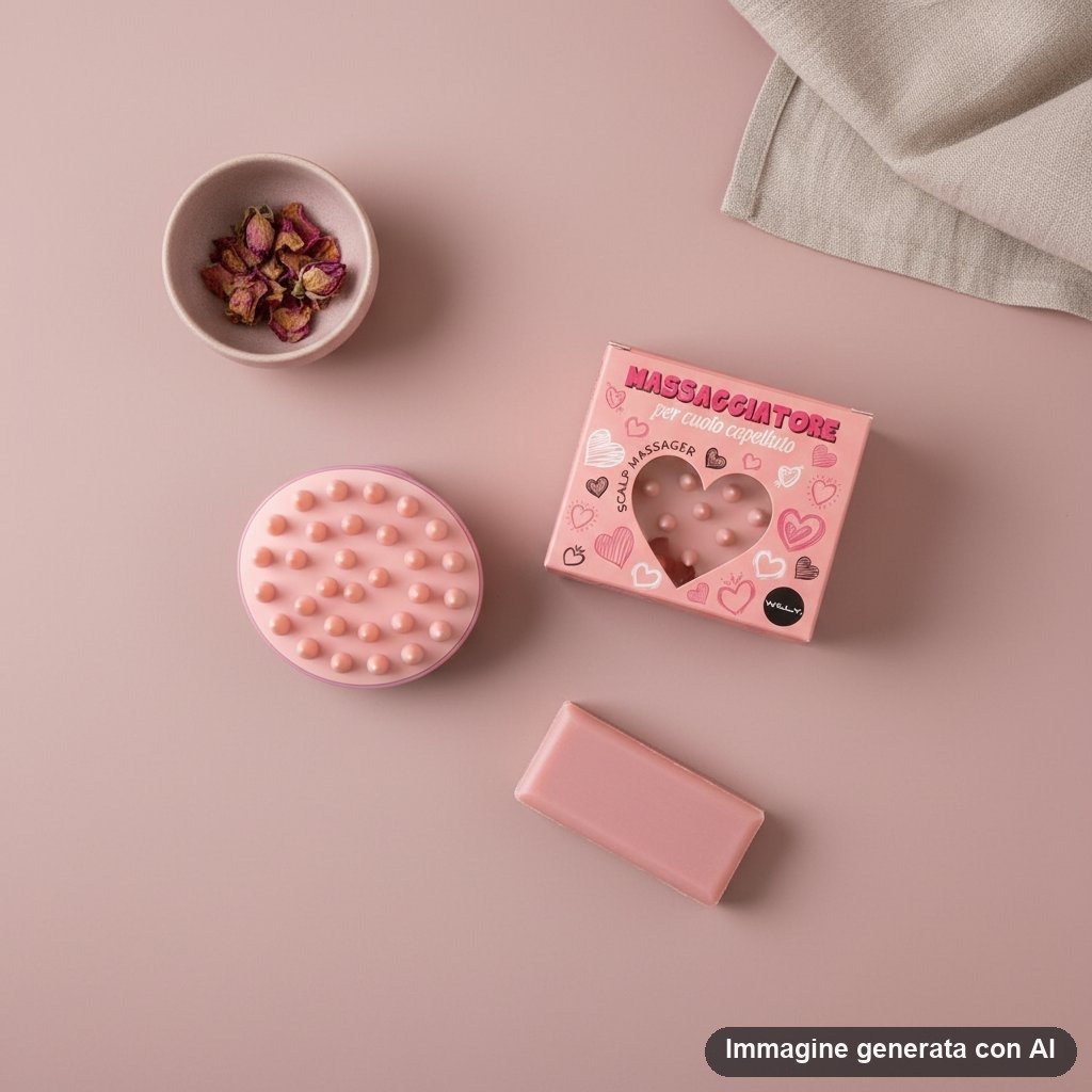 Massaggiatore scalp capelluto a forma di cuore rosa con punte in silicone e confezione con decorazioni cuori
