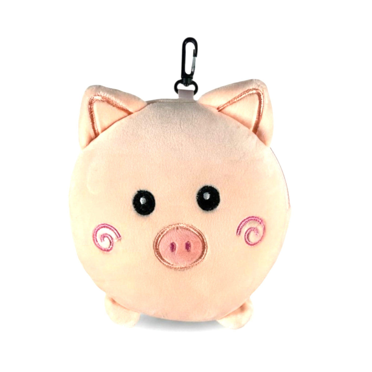 Cuscino da viaggio con maschera per dormire a forma di maiale bianco con orecchie rosa, occhi neri e nasino rosa, dotato di g