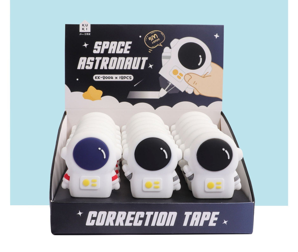 Tre correttori a nastro a forma di astronauta bianco con elmetto trasparente blu e nero, con dettagli gialli, in confezione s