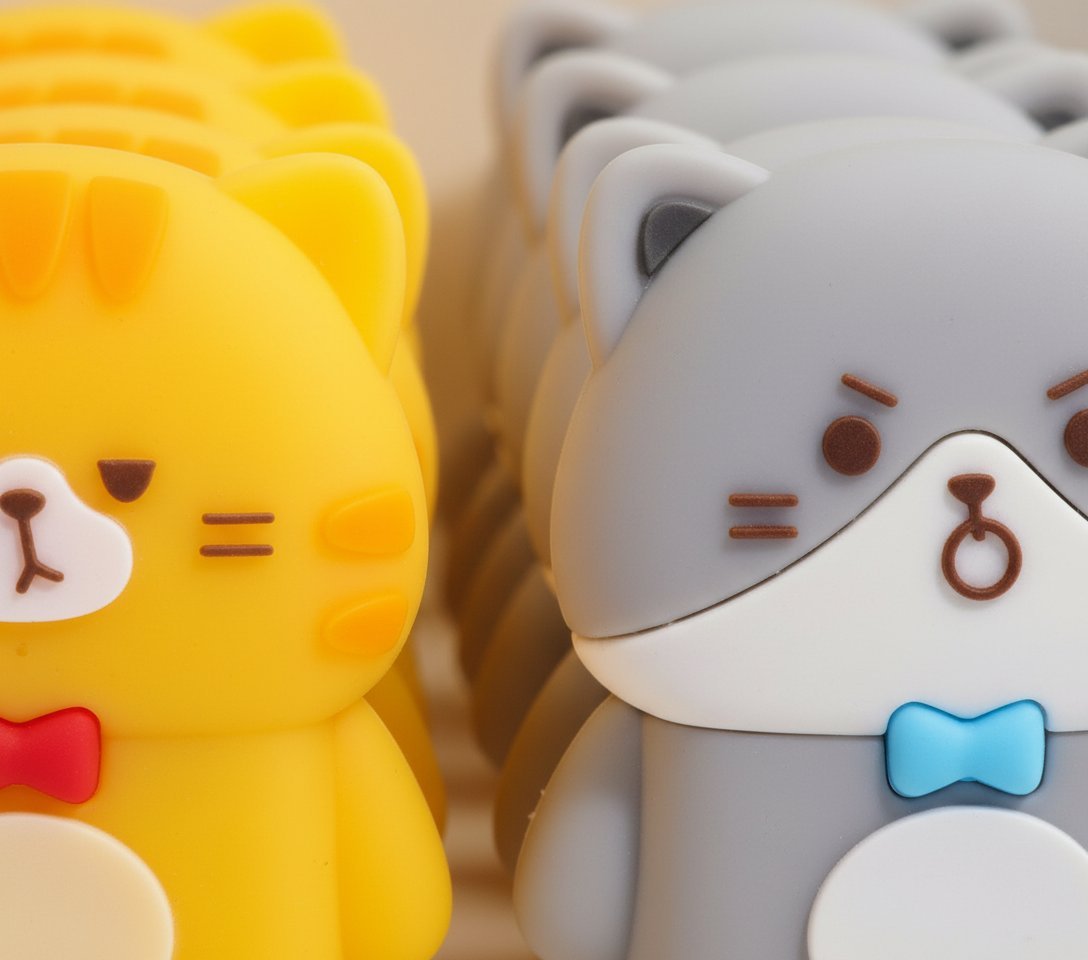 Confezione di correttori a nastro con tre gattini kawaii in giallo, grigio e nero con fiocchetti, esposti in scatola blu