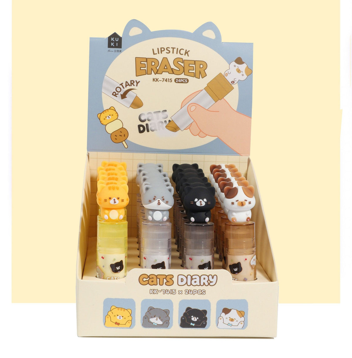 Set di 24 gomme per cancellare a forma di gatto kawaii in giallo, grigio, nero e bianco-marrone con design rotante