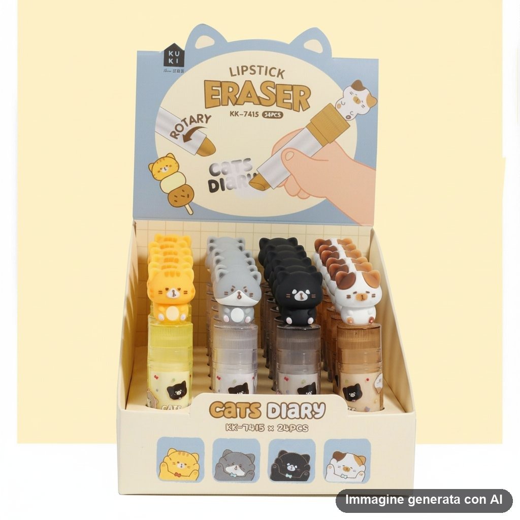 Set di 24 gomme per cancellare a forma di gatto kawaii in giallo, grigio, nero e bianco-marrone con design rotante