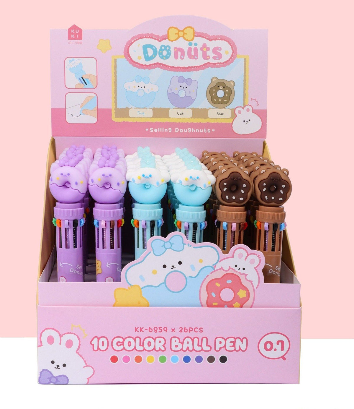 Set di penne multicolor a forma di donuts con animali teneri, design kawaii in colori pastello rosa blu e marrone