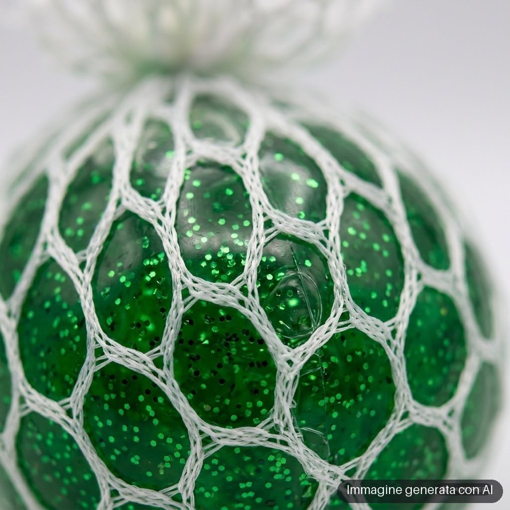 Palline antistress glitterate dentro una retina, nei colori verde, giallo, rosso e blu
