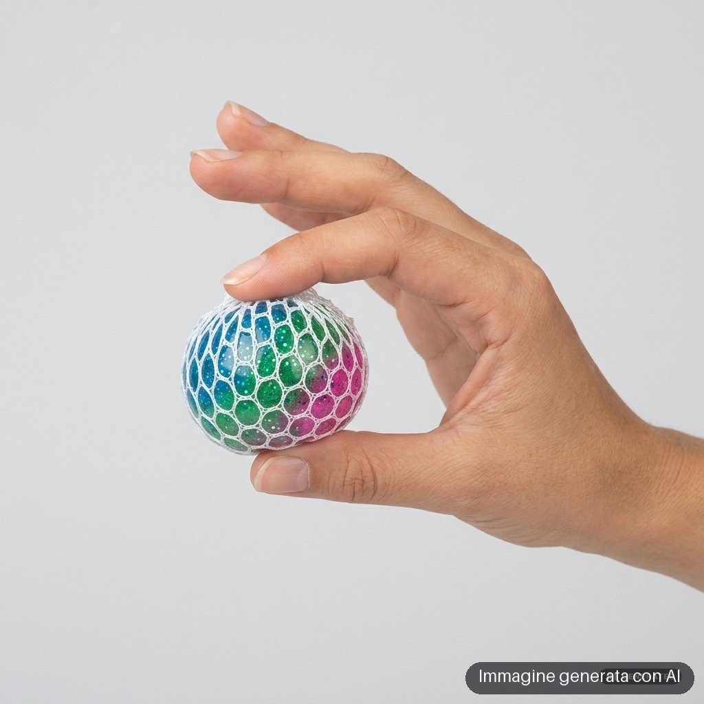 Palline antistress glitterate dentro una retina, nei colori verde, giallo, rosso e blu