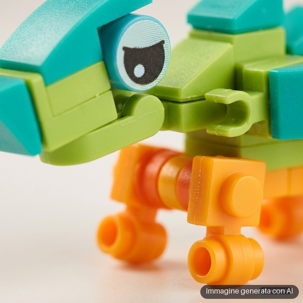 Puzzle a mattoncini che compone un dinosauro verde, azzurro e arancione