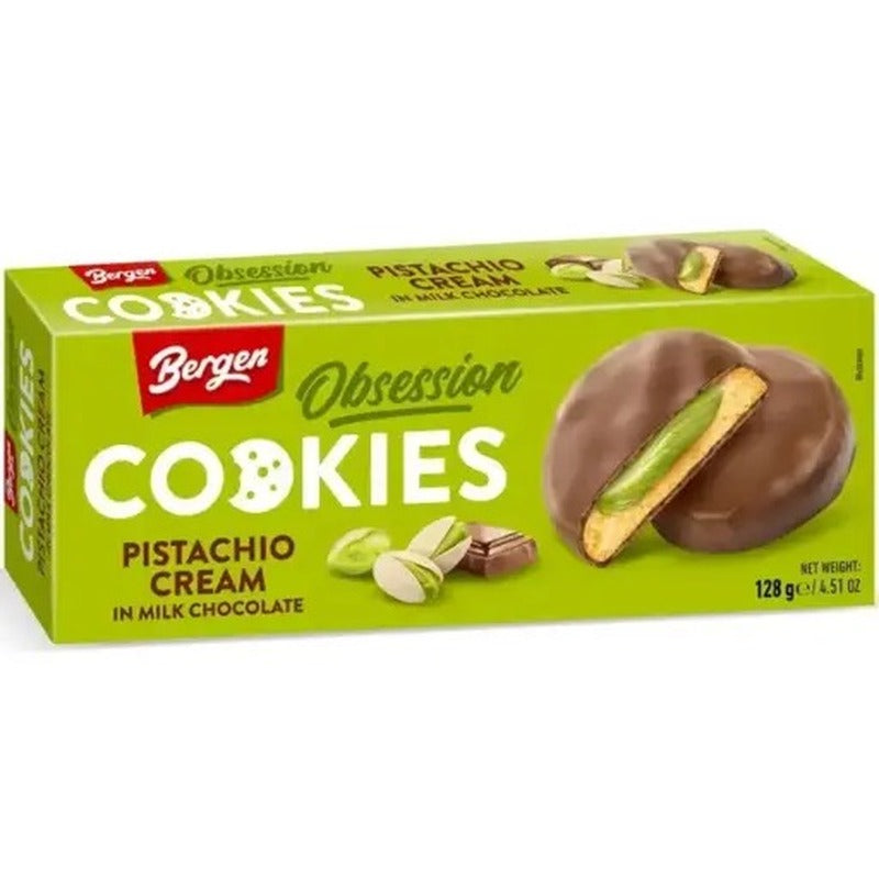 Scatola verde di biscotti ripieni di crema al pistacchio ricoperti di cioccolato al latte