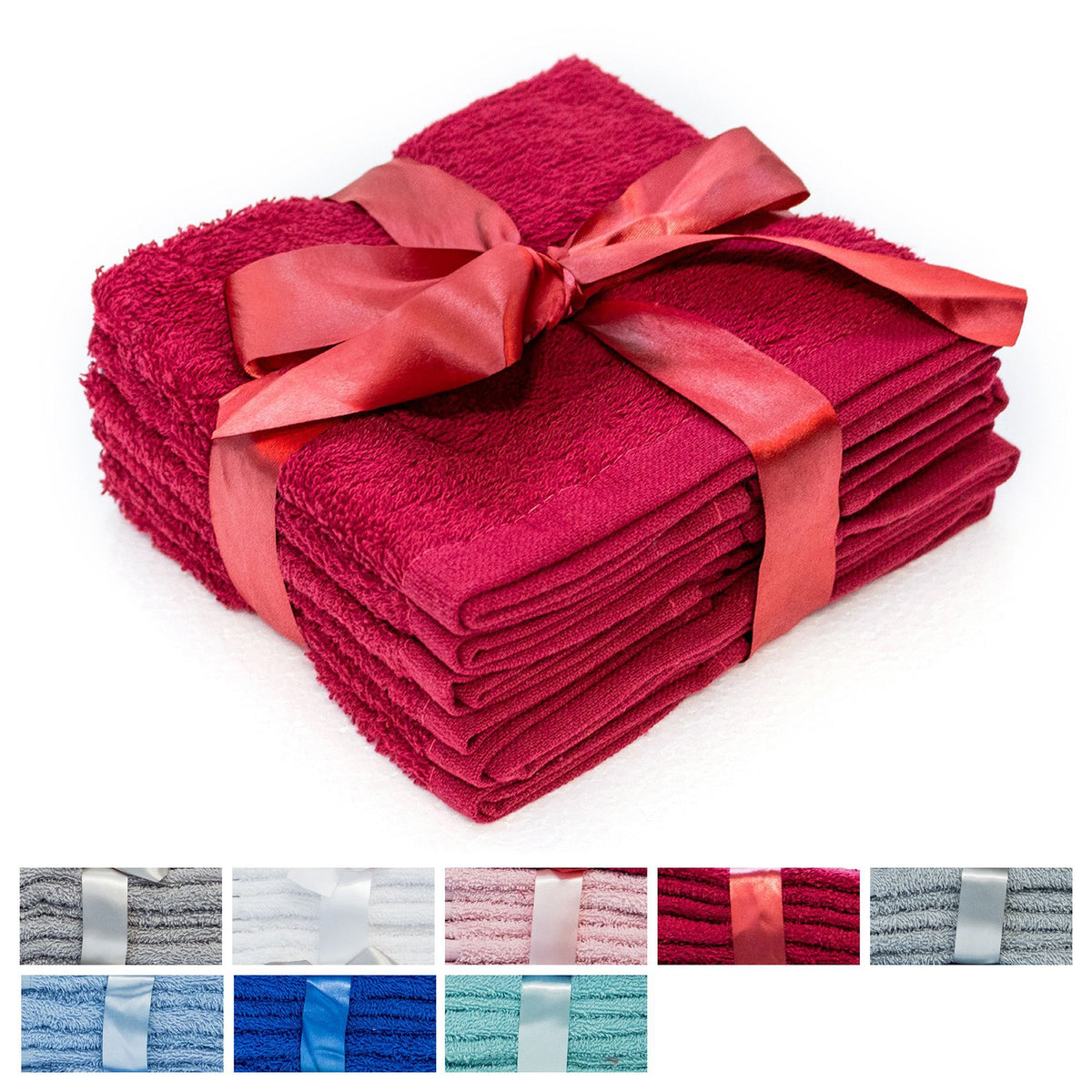 Set di sei lavette morbide in cotone colore fucsia con fiocco rosa, disponibile in vari colori