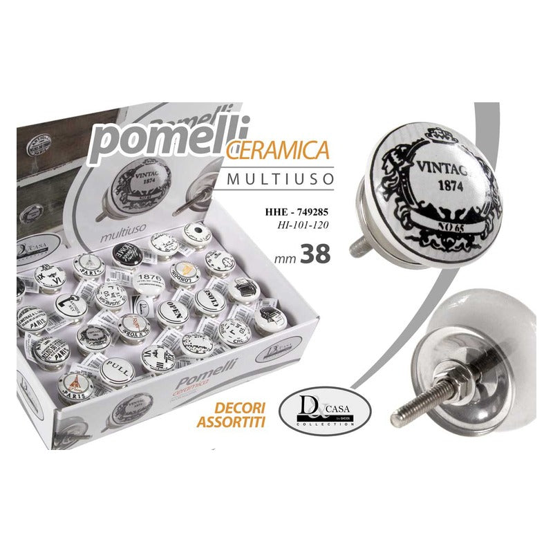 Pomello in ceramica bianco con decoro vintage nero e vite metallica, accanto alla confezione assortita