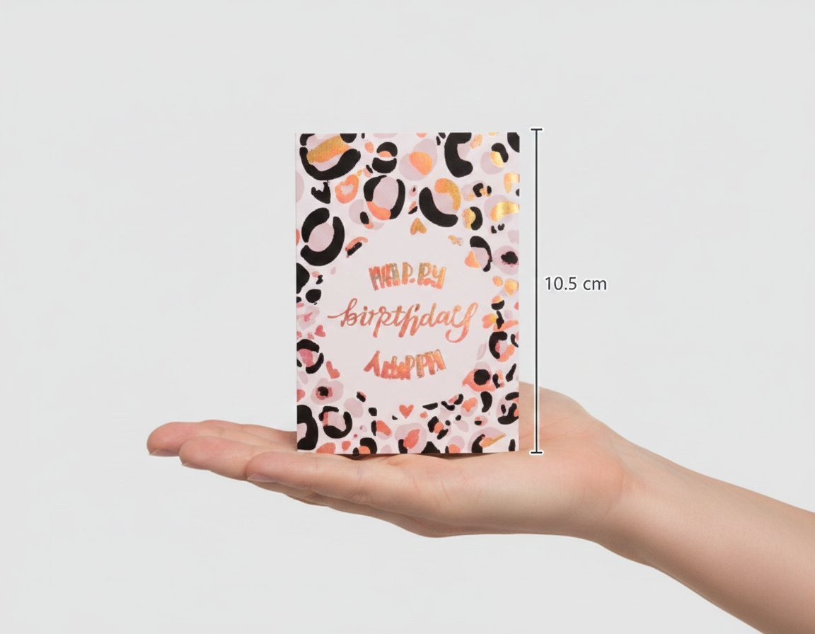 Biglietto auguri con stampa leopardata rosa, nero e arancione, scritta happy birthday in corsivo, dimensioni 10.5 cm