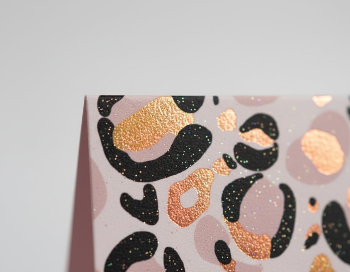 Biglietto auguri con motivo leopardato: macchie nere con glitter oro e dettagli rosa su fondo chiaro elegante