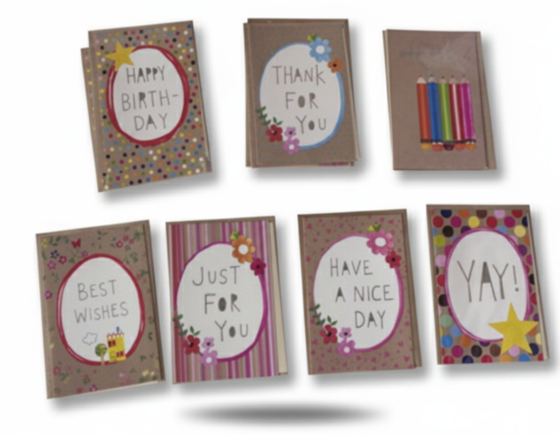 Collezione 7 biglietti auguri colorati su cartone: compleanno, ringraziamenti, auguri, congratulazioni con fiori e decorazio