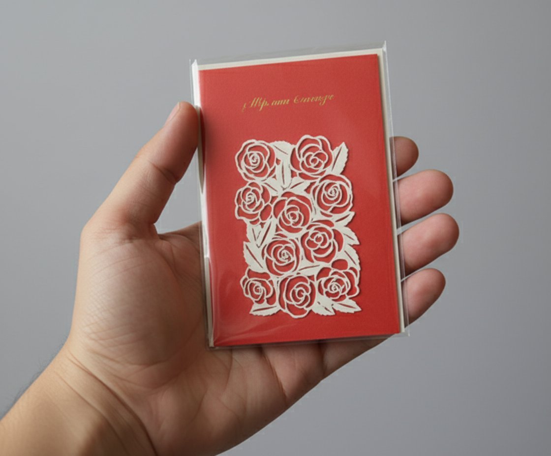 Biglietto auguri rosso con rose bianche in rilievo, tenuto in mano su sfondo grigio, elegante design floreale