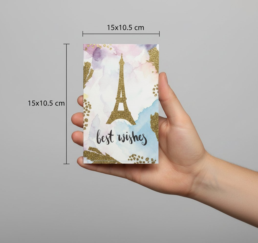 Biglietto auguri con Torre Eiffel glitterata oro, acquerelli pastello e scritta best wishes, formato 15x10,5 cm