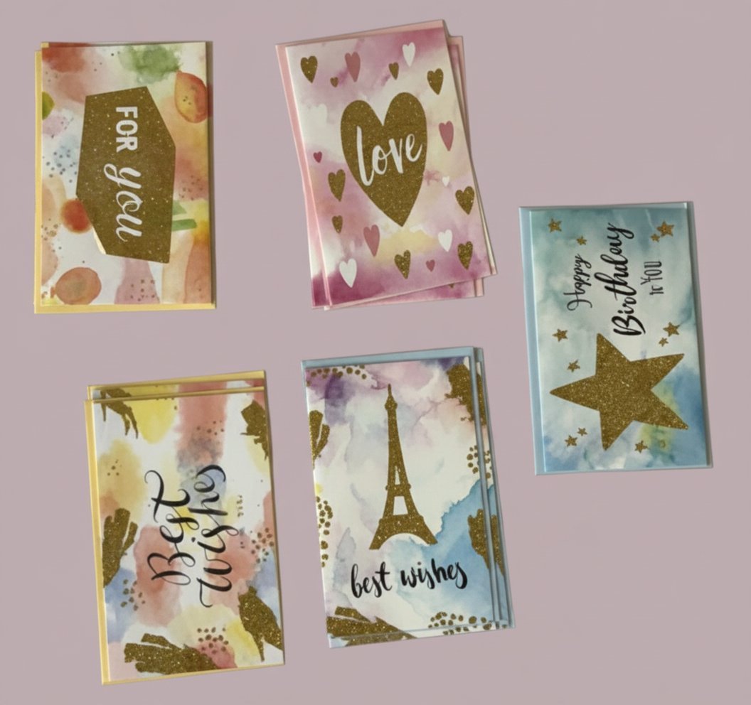 Collezione di cinque biglietti auguri colorati con glitter dorato, cuori, stelle e Torri Eiffel. Messaggi: For you, love, Ha