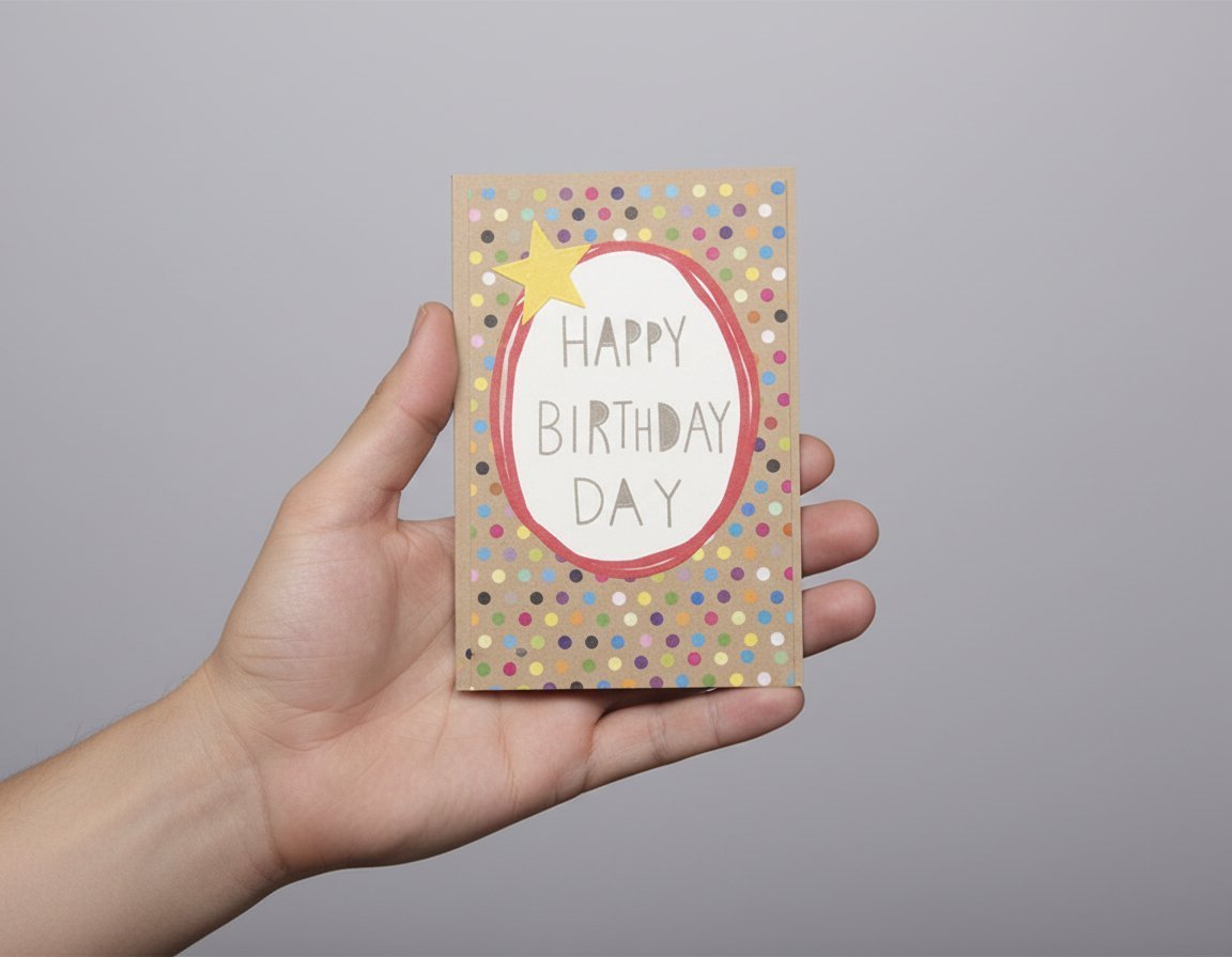 Biglietto auguri compleanno con stella gialla, cornice rossa e pois colorati su sfondo kraft, tenuto in mano.