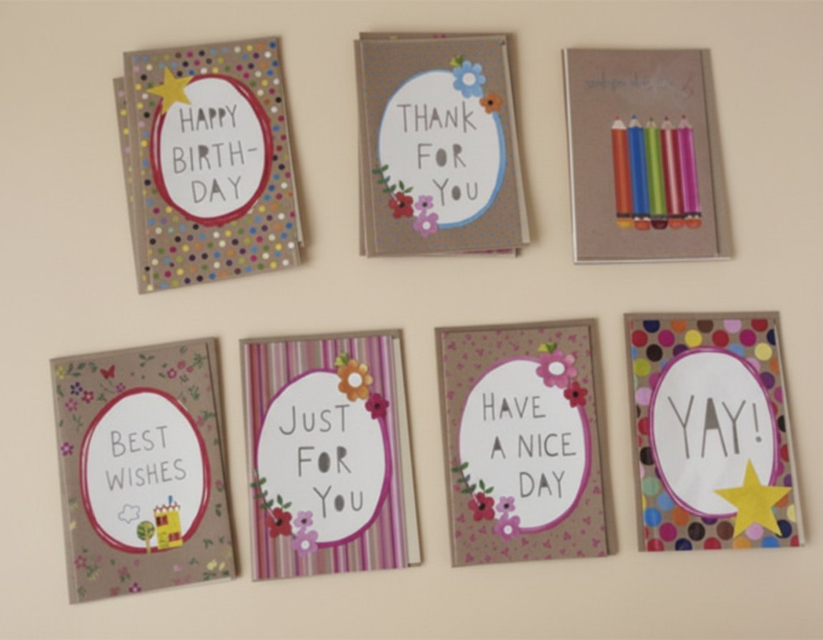 Sette biglietti d'auguri colorati con messaggi in inglese: Happy Birthday, Thank You, Best Wishes, Just For You, Have A Nice