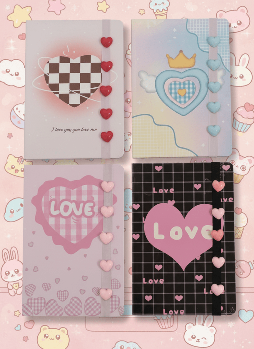 Set 4 quaderni A5 tema amore con cuori, corone e scritte Love in stile kawaii pastello