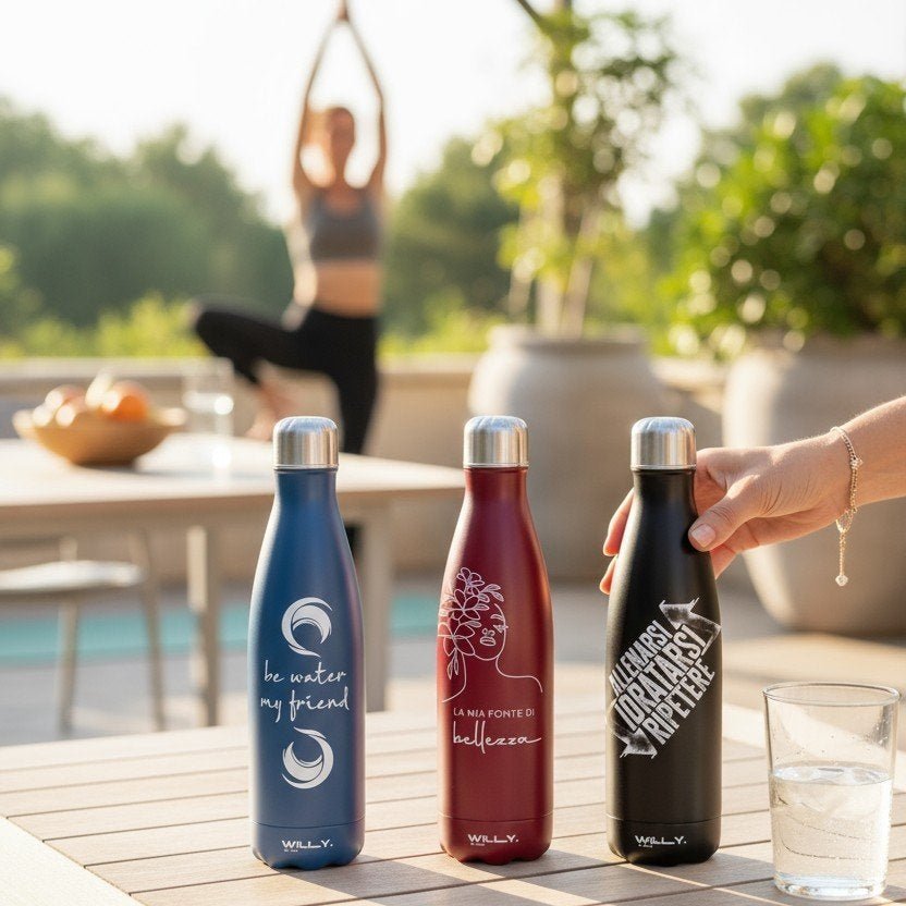 Tre borracce in acciaio inox 500ml colorate blu, bordeaux e nera con scritte motivazionali, poste su tavolo in ambiente