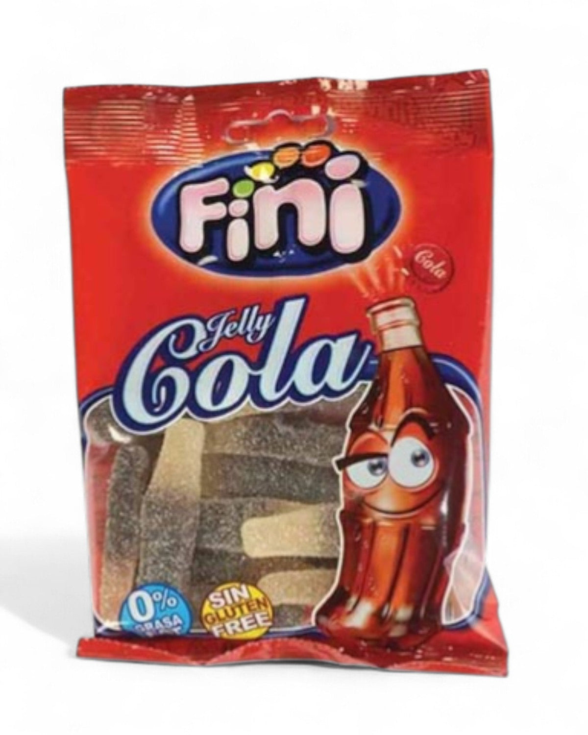 Fini Jelly Cola caramelle gommose cola 90gr con bottiglietta rossa su sfondo rosso