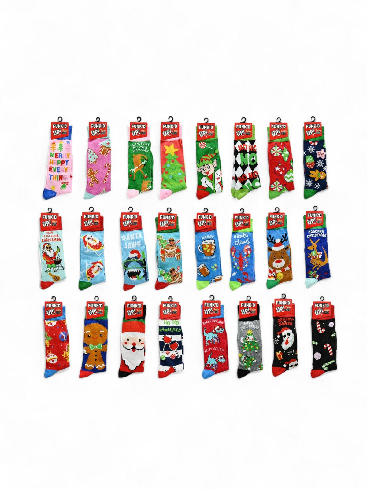 Calzini natalizi colorati Funk'd Up taglie 37-44, con fantasie festive: Babbo Natale, renne, alberi, dolcetti e decorazioni