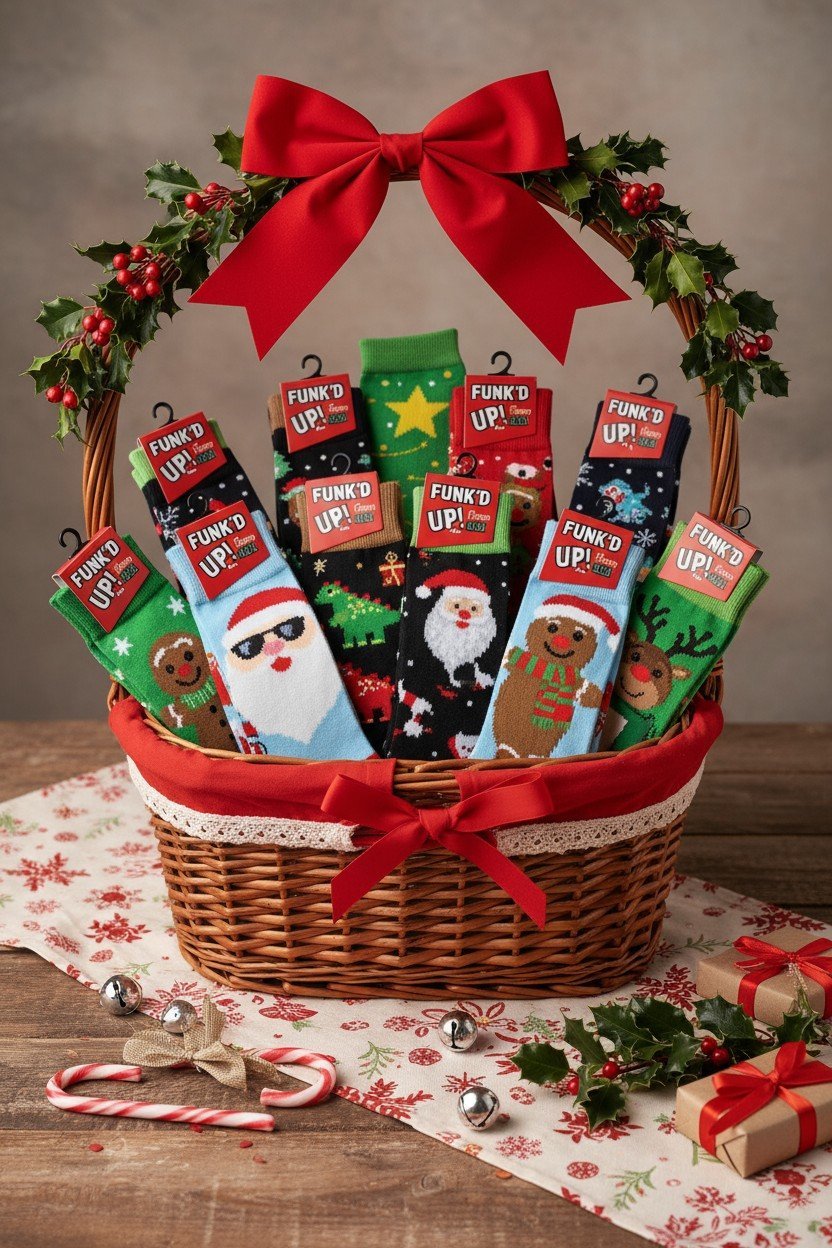 Calzini natalizi colorati con fantasia Babbo Natale, renna e albero in cesto di vimini con fiocco rosso