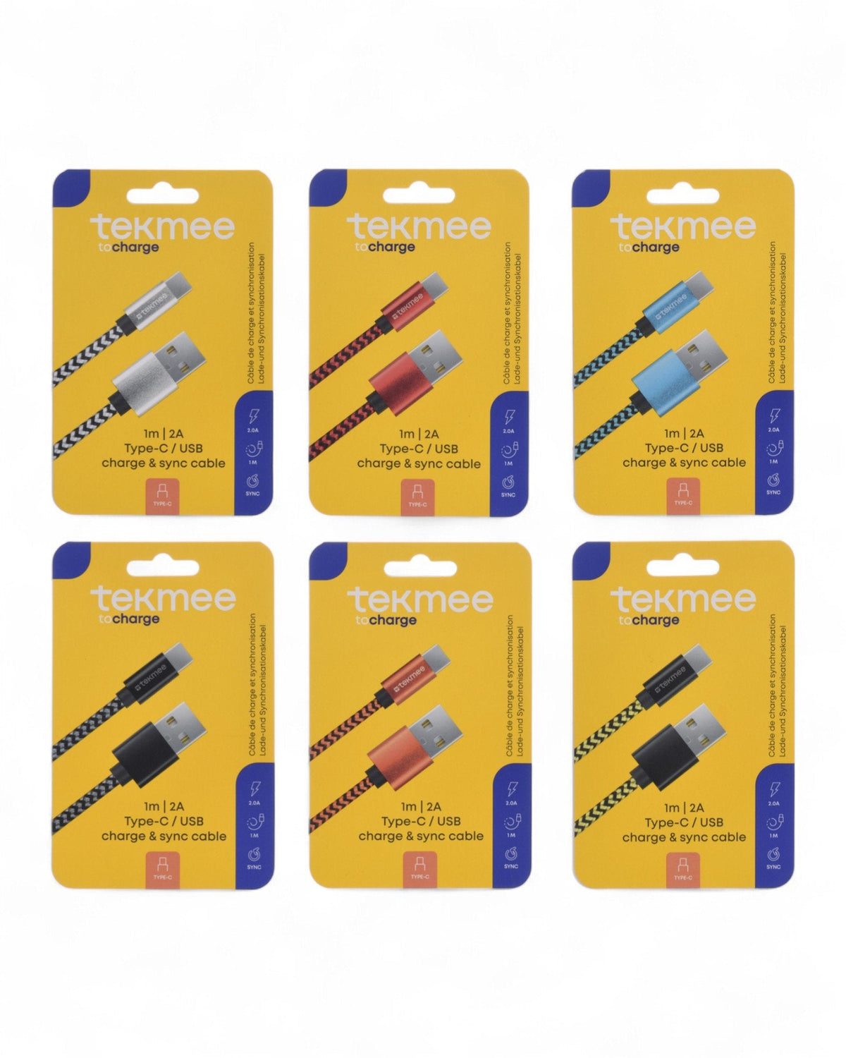 Sei cavi di ricarica Type-C da 1 metro con treccia intrecciata in colori diversi: grigio, rosso, blu, nero e rosa su sfondo g