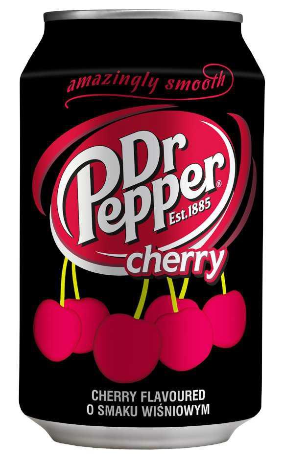 Dr Pepper Cherry 0.33 lt lattina nera con logo rosso, ciliegie rosse e scritte bianche, bevanda gassata al gusto ciliegia