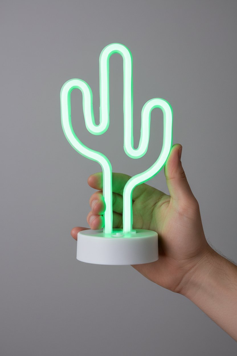 Lampada neon cactus verde fluorescente con base bianca, tenuta in mano su sfondo grigio