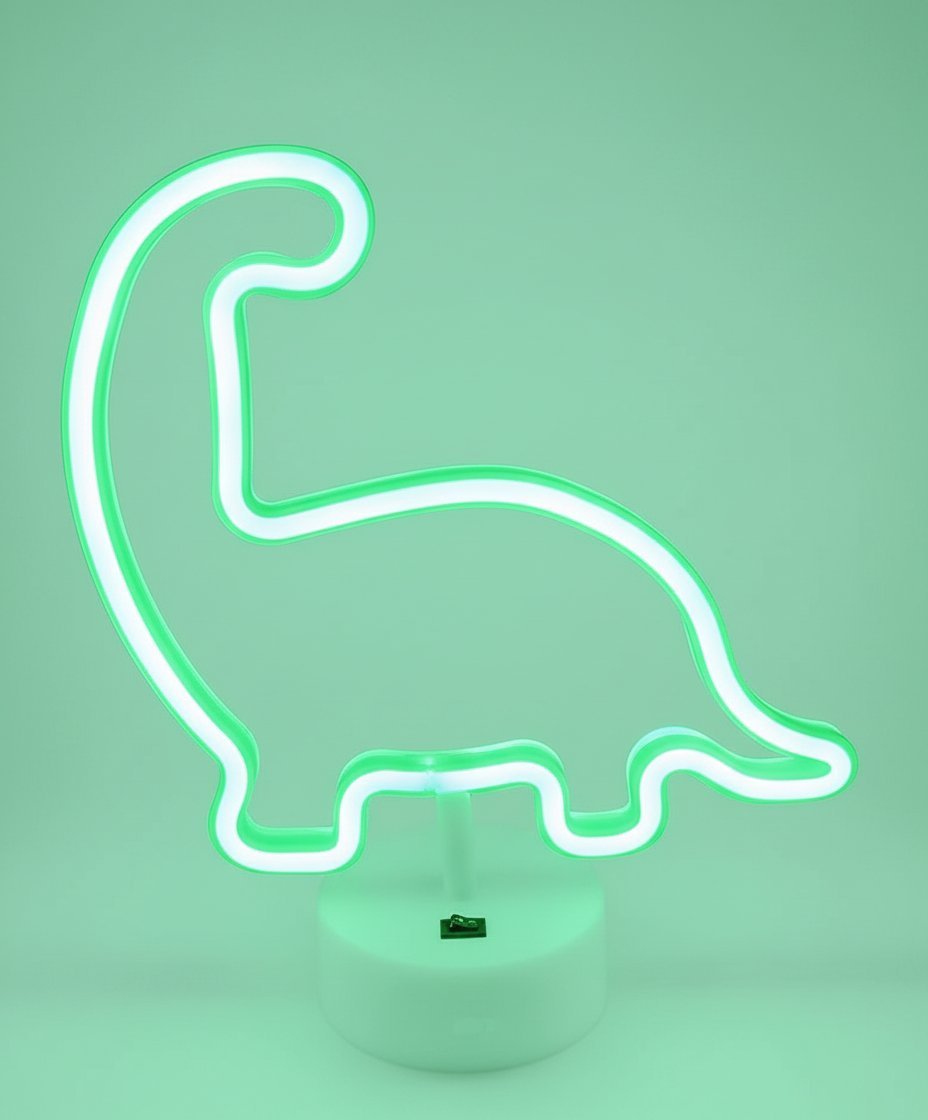 Lampada neon verde a forma di dinosauro con base bianca su sfondo verde menta