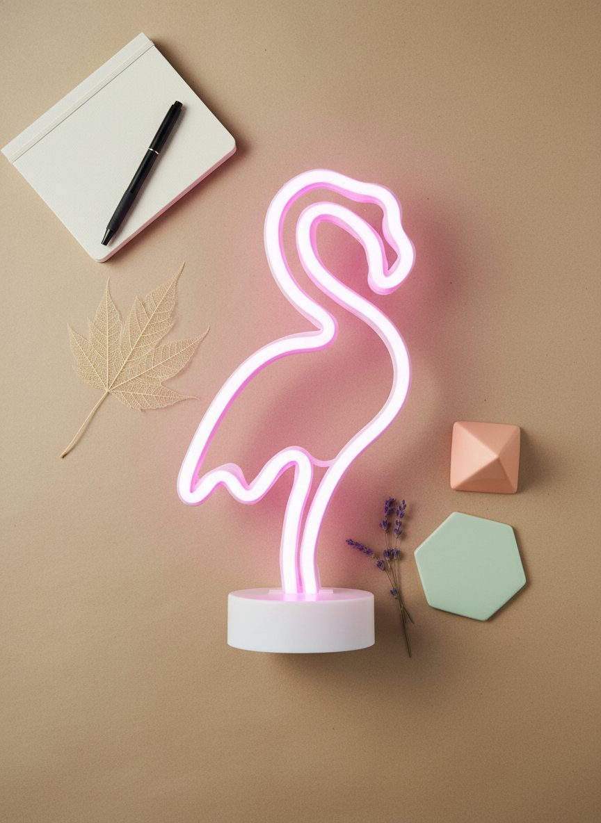 Lampada neon flamingo rosa con base bianca su sfondo beige, circondata da notebook, penna e decorazioni floreali
