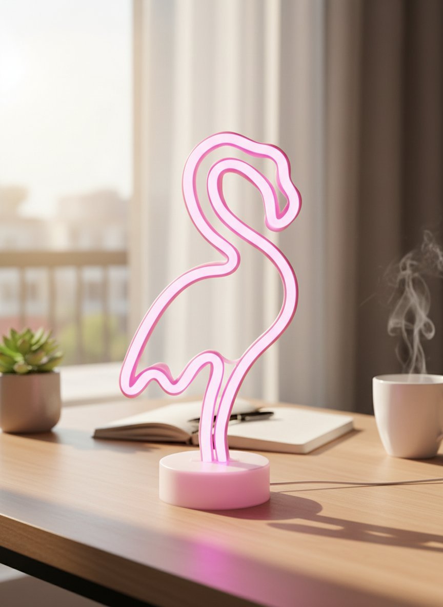 Lampada neon flamingo rosa su base luminosa, decorazione moderna per scrivania con piante e tazza di caffè