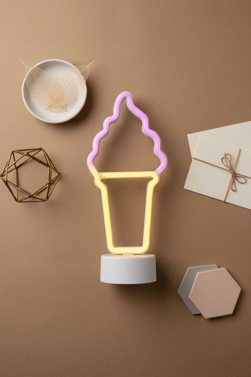 Lampada neon ice cream rosa e giallo con base bianca su sfondo beige, circondata da accessori decorativi